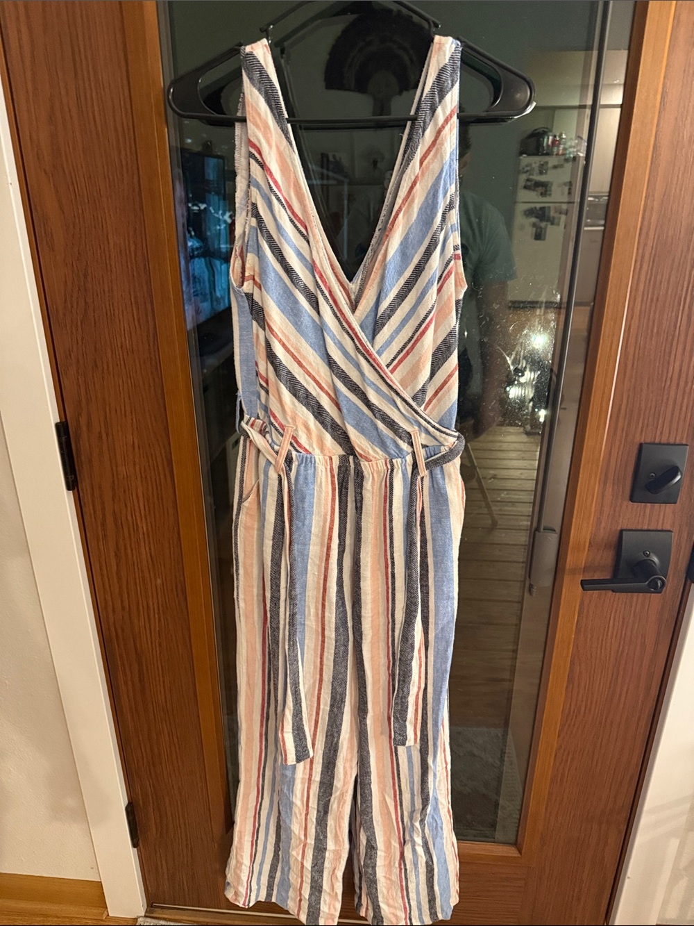 Indigo Rein Striped One-Shoulder Jumpsuit in Blue, Cream & Pink
